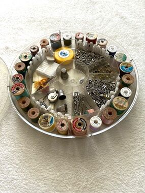 Vintage Round Sewing Thread Box Caddy w Accessories Large 60's Clear Plastic MCM
